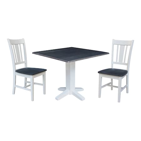 International Concepts 36 in. Solid Wood Square Dual Drop Leaf Dining Table with 2 Chairs in White/Heather Gray K05-36SDP-C10-2